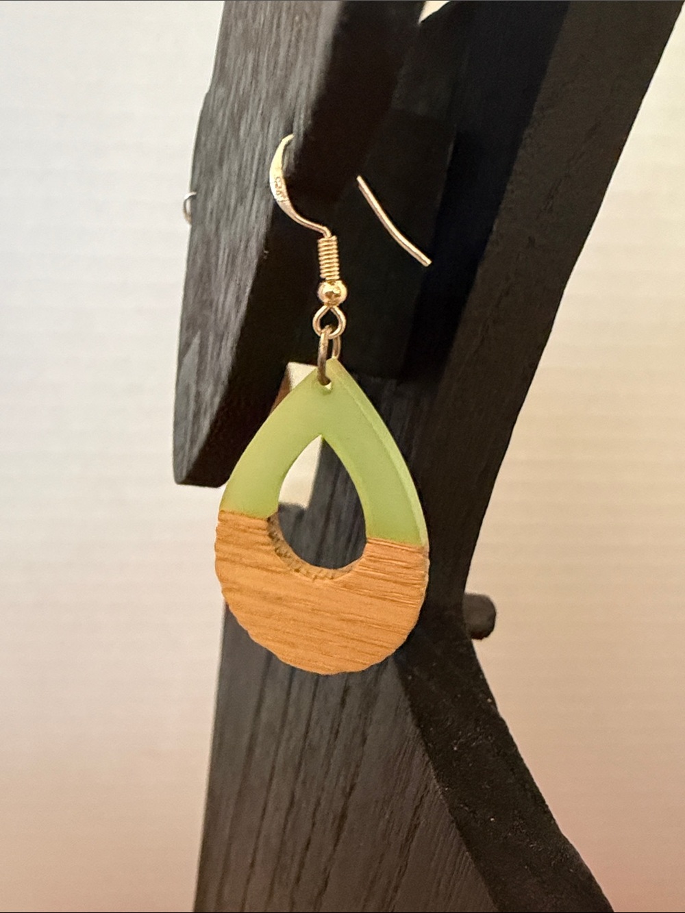 925 Silver Dual-Material Green Resin w/ Tan Wood Teardrop Drop Earrings